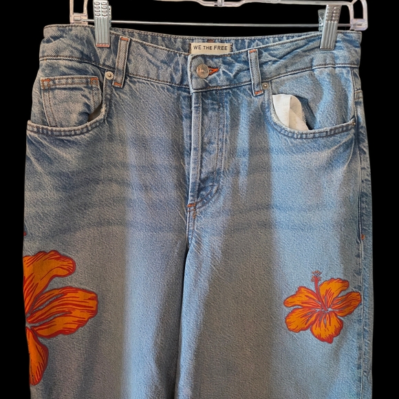NWOT We The Free Blue Jeans with Orange Floral Design Size 29 - Picture 2 of 5